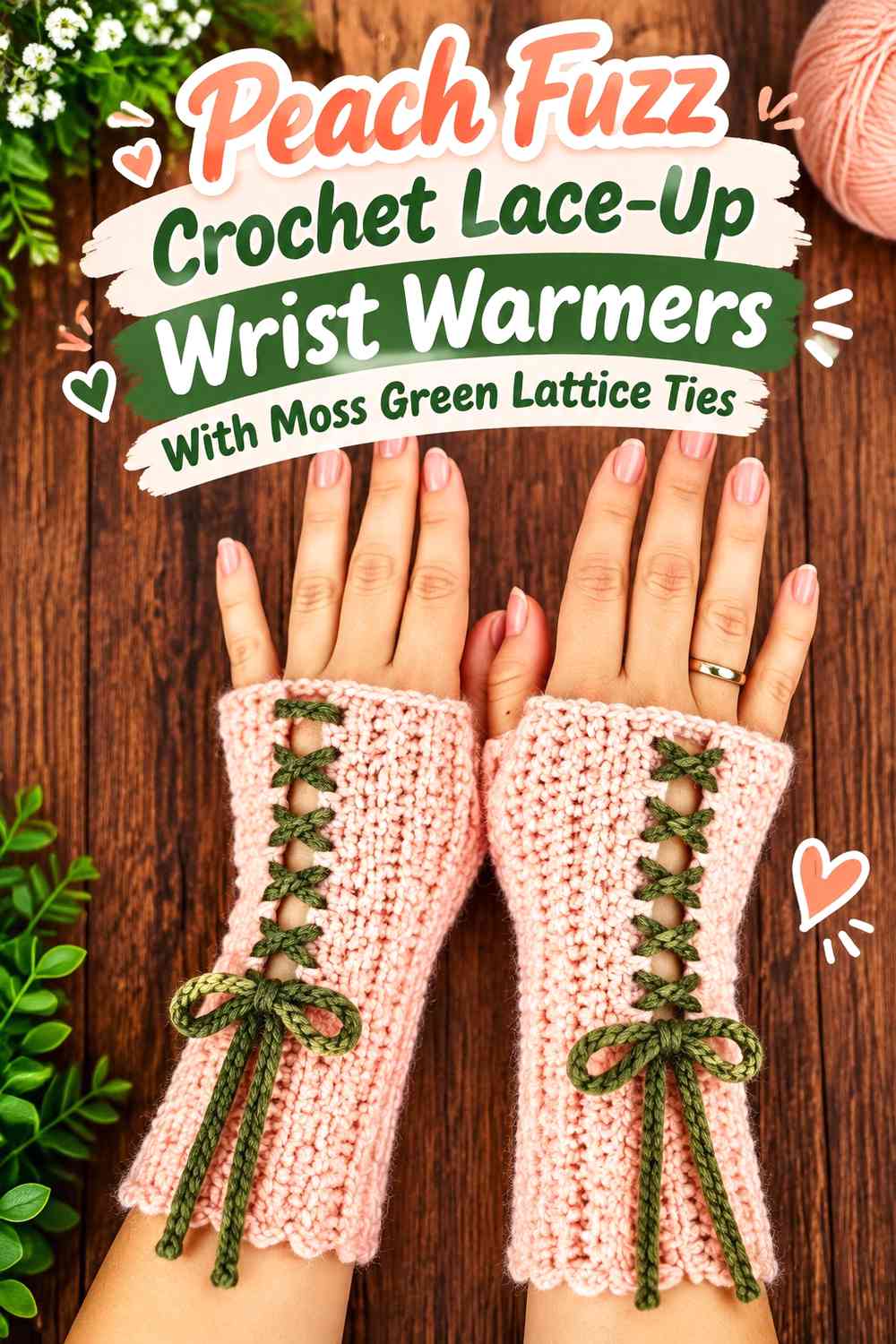 Peach Fuzz Crochet Lace-Up Wrist Warmers With Moss Green Lattice Ties