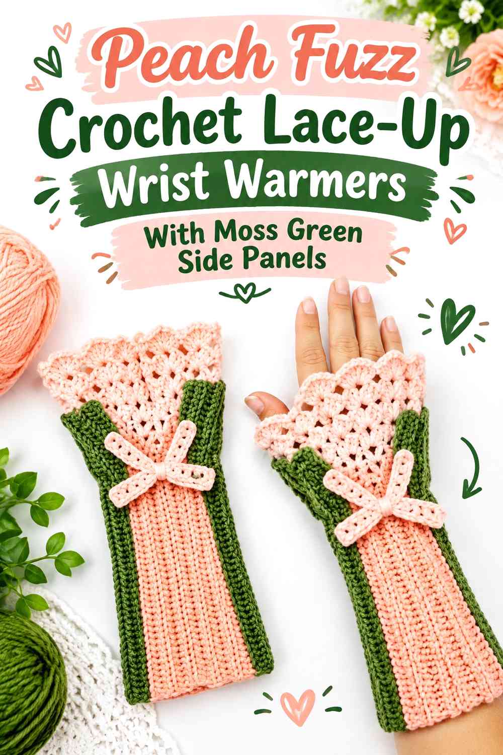 Peach Fuzz Crochet Lace-Up Wrist Warmers With Moss Green Side Panels