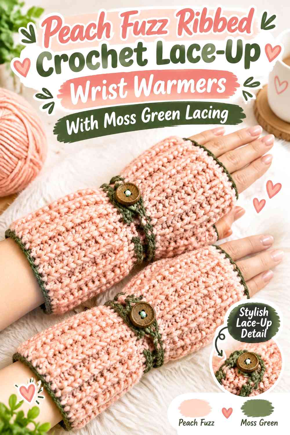 Peach Fuzz Ribbed Crochet Lace-Up Wrist Warmers With Moss Green Lacing