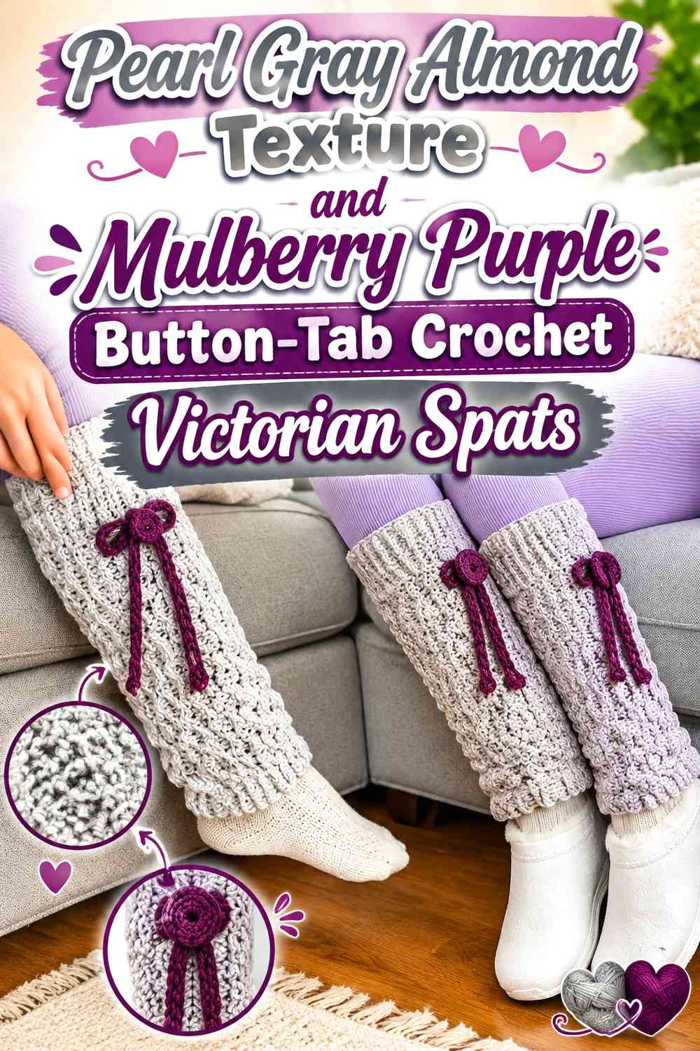 Pearl Gray Almond Texture and Mulberry Purple Button-Tab Crochet Victorian Spats