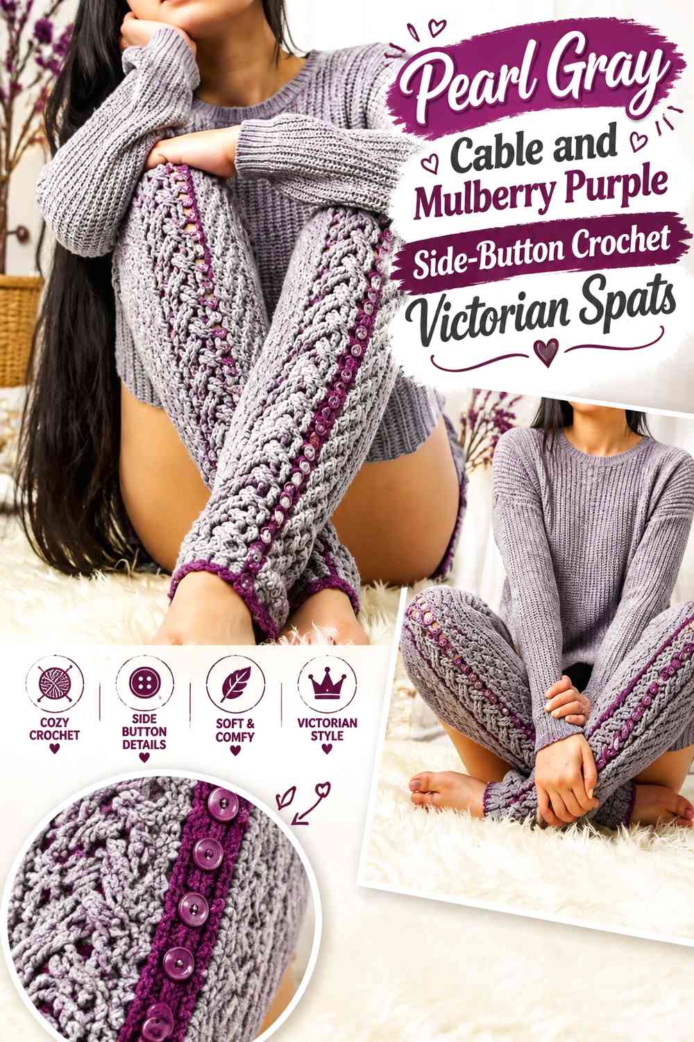 Pearl Gray Cable and Mulberry Purple Side-Button Crochet Victorian Spats