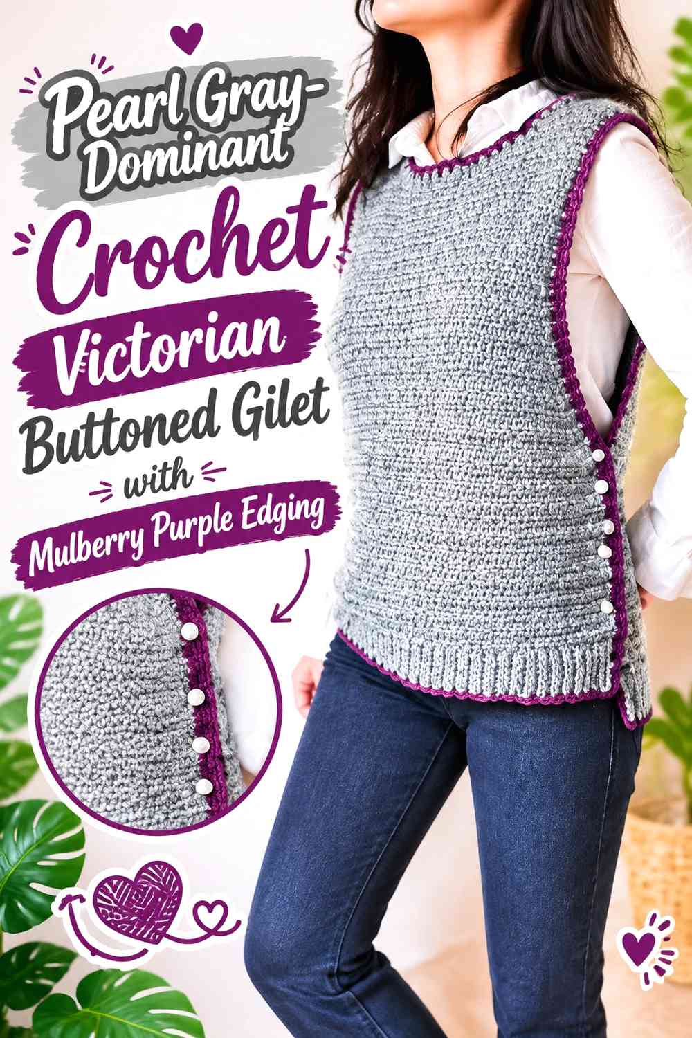 Pearl Gray-Dominant Crochet Victorian Buttoned Gilet with Mulberry Purple Edging