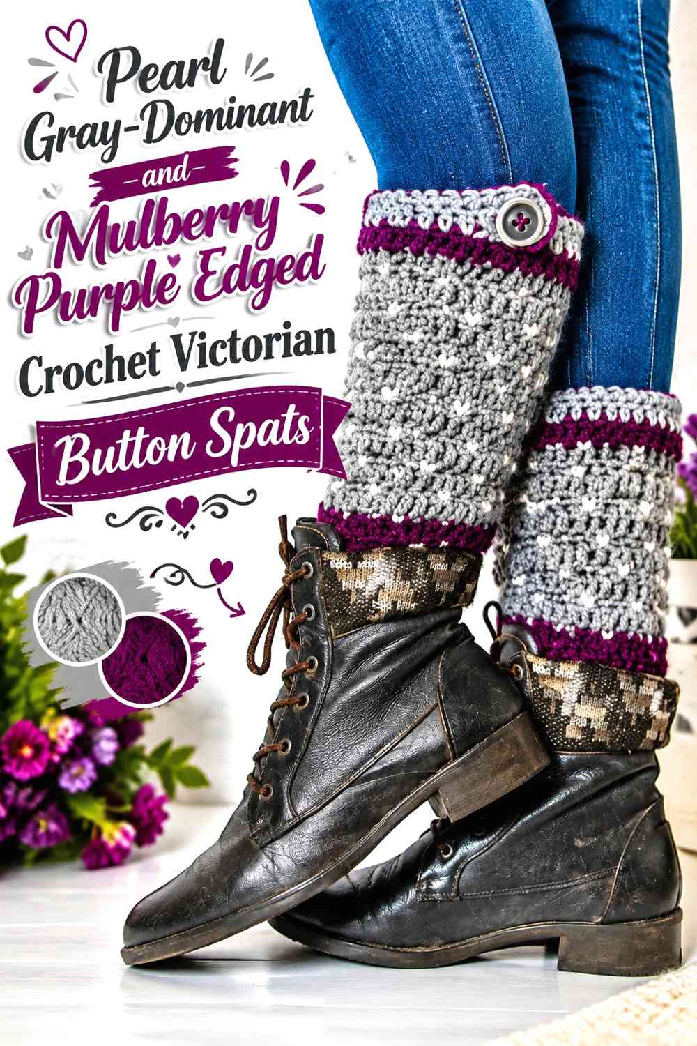 Pearl Gray-Dominant and Mulberry Purple Edged Crochet Victorian Button Spats