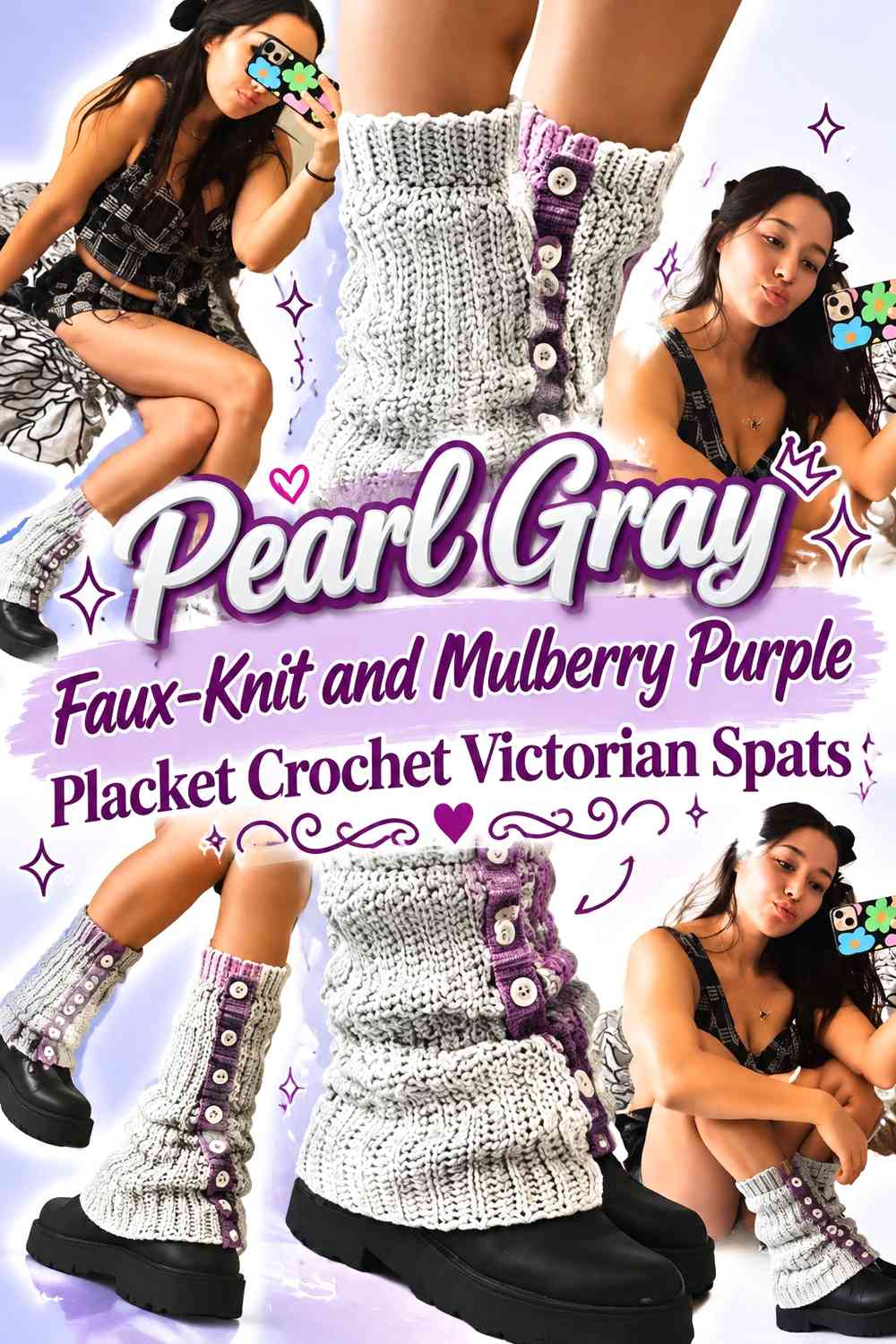 Pearl Gray Faux-Knit and Mulberry Purple Placket Crochet Victorian Spats