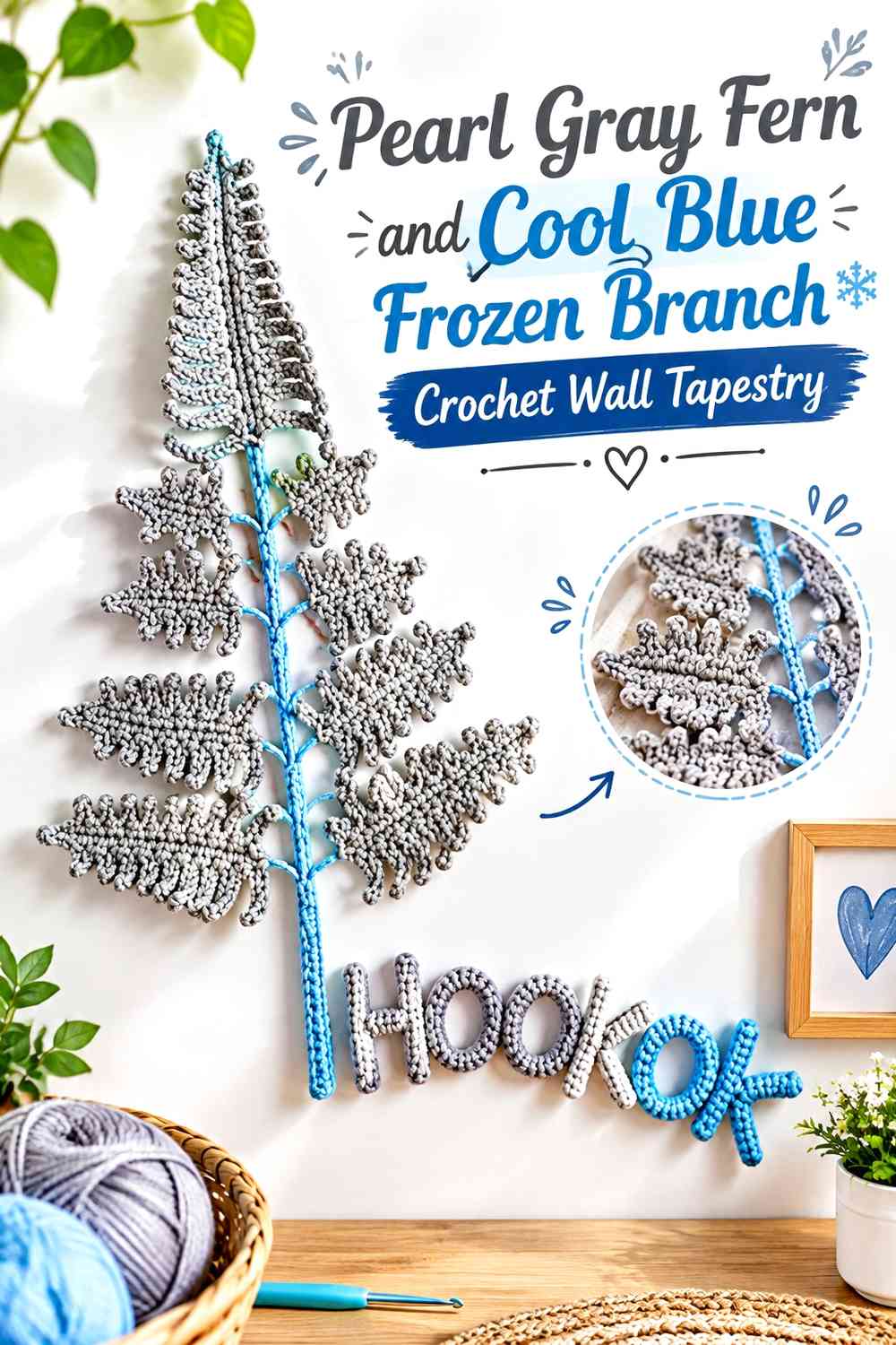 Pearl Gray Fern and Cool Blue Frozen Branch Crochet Wall Tapestry
