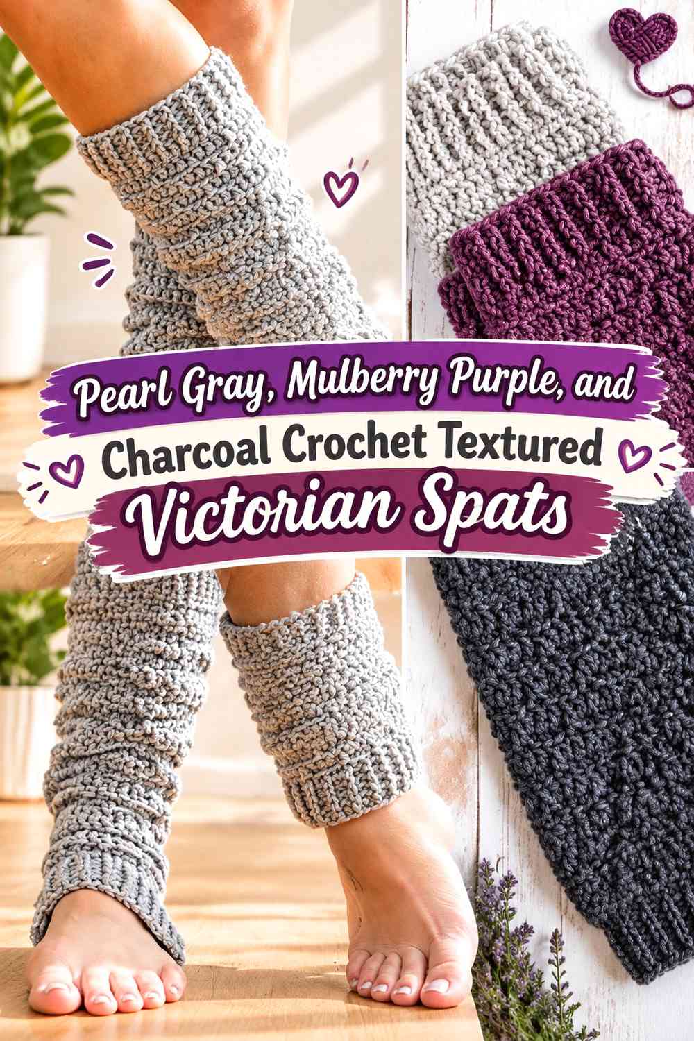 Pearl Gray, Mulberry Purple, and Charcoal Crochet Textured Victorian Spats