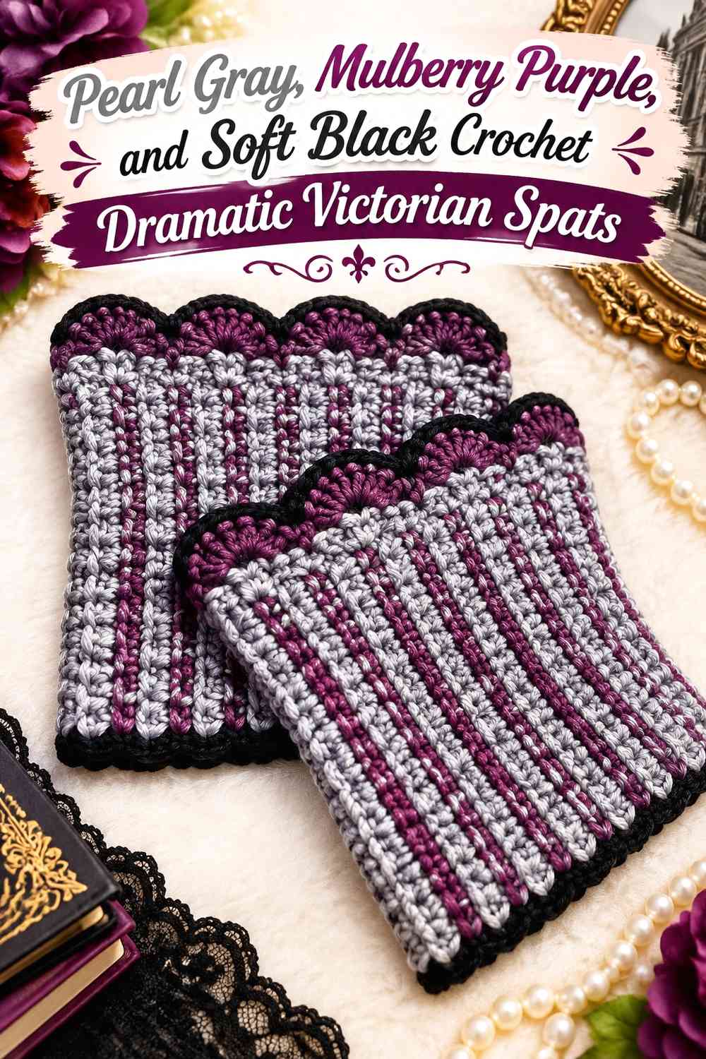 Pearl Gray, Mulberry Purple, and Soft Black Crochet Dramatic Victorian Spats
