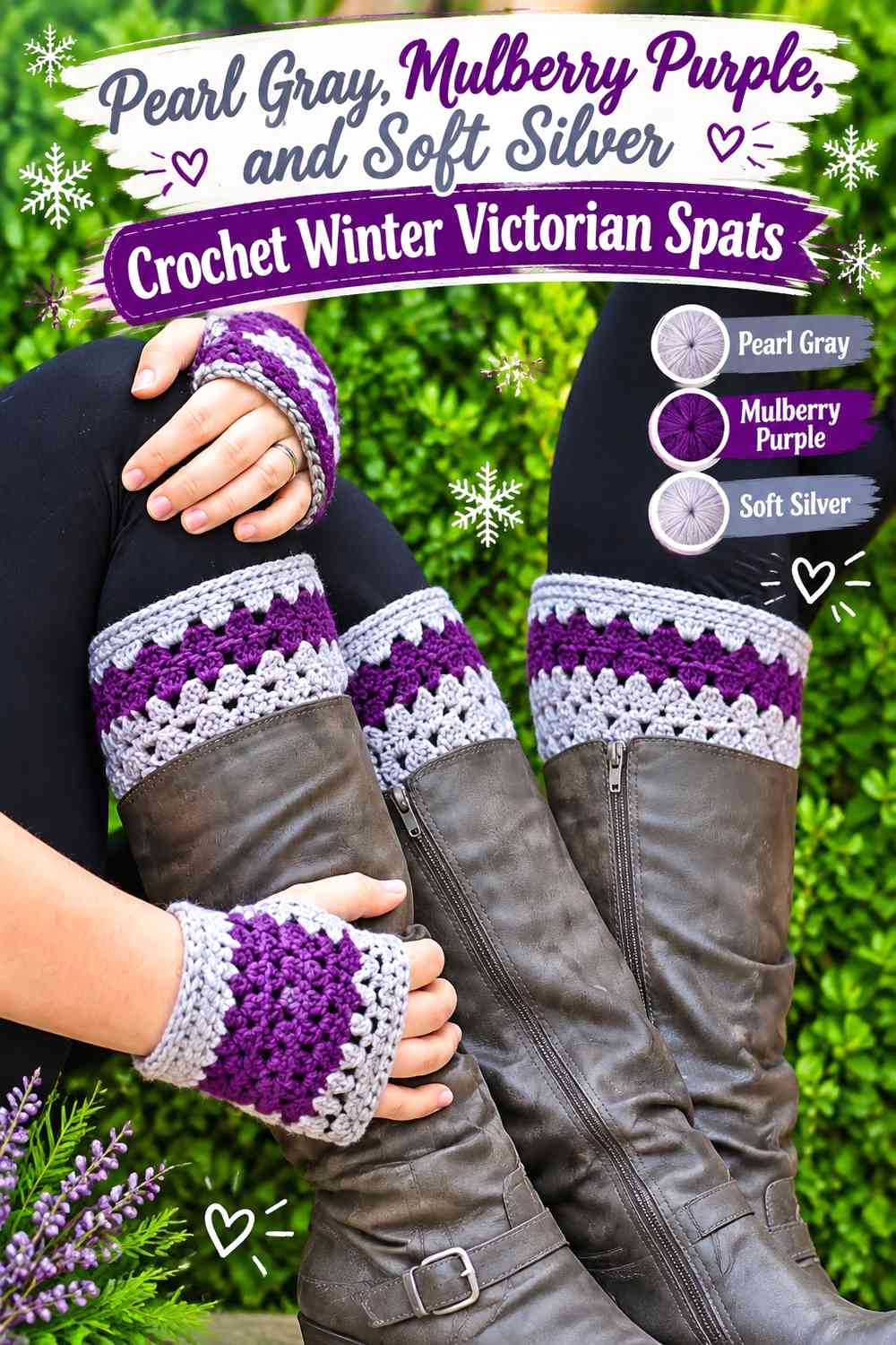Pearl Gray, Mulberry Purple, and Soft Silver Crochet Winter Victorian Spats
