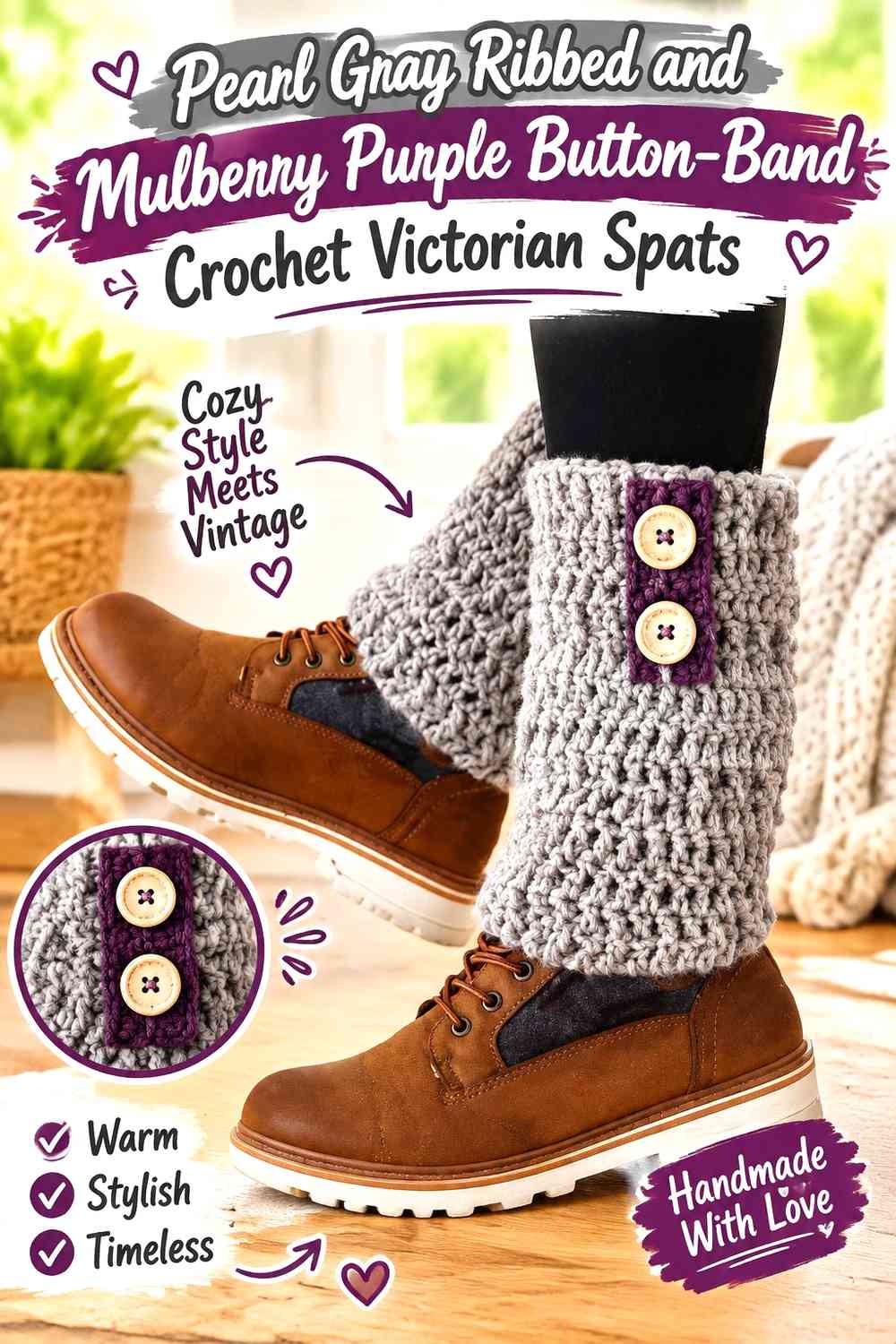 Pearl Gray Ribbed and Mulberry Purple Button-Band Crochet Victorian Spats