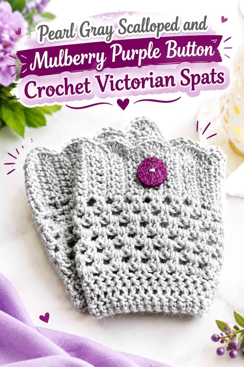 Pearl Gray Scalloped and Mulberry Purple Button Crochet Victorian Spats