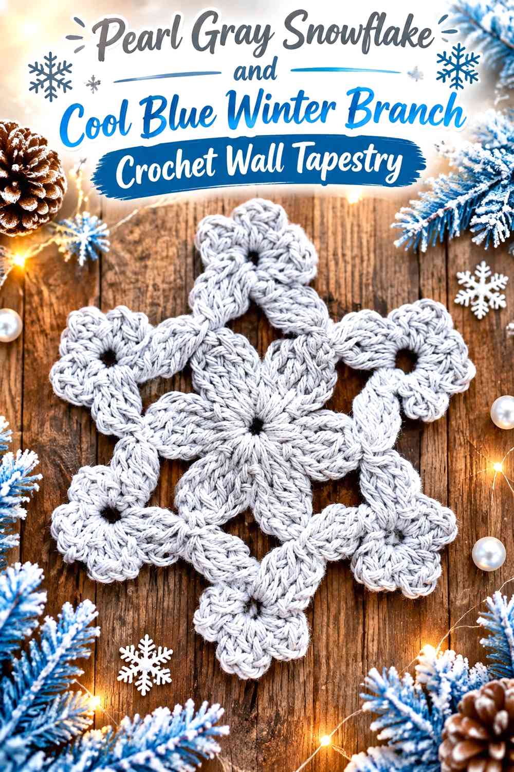 Pearl Gray Snowflake and Cool Blue Winter Branch Crochet Wall Tapestry
