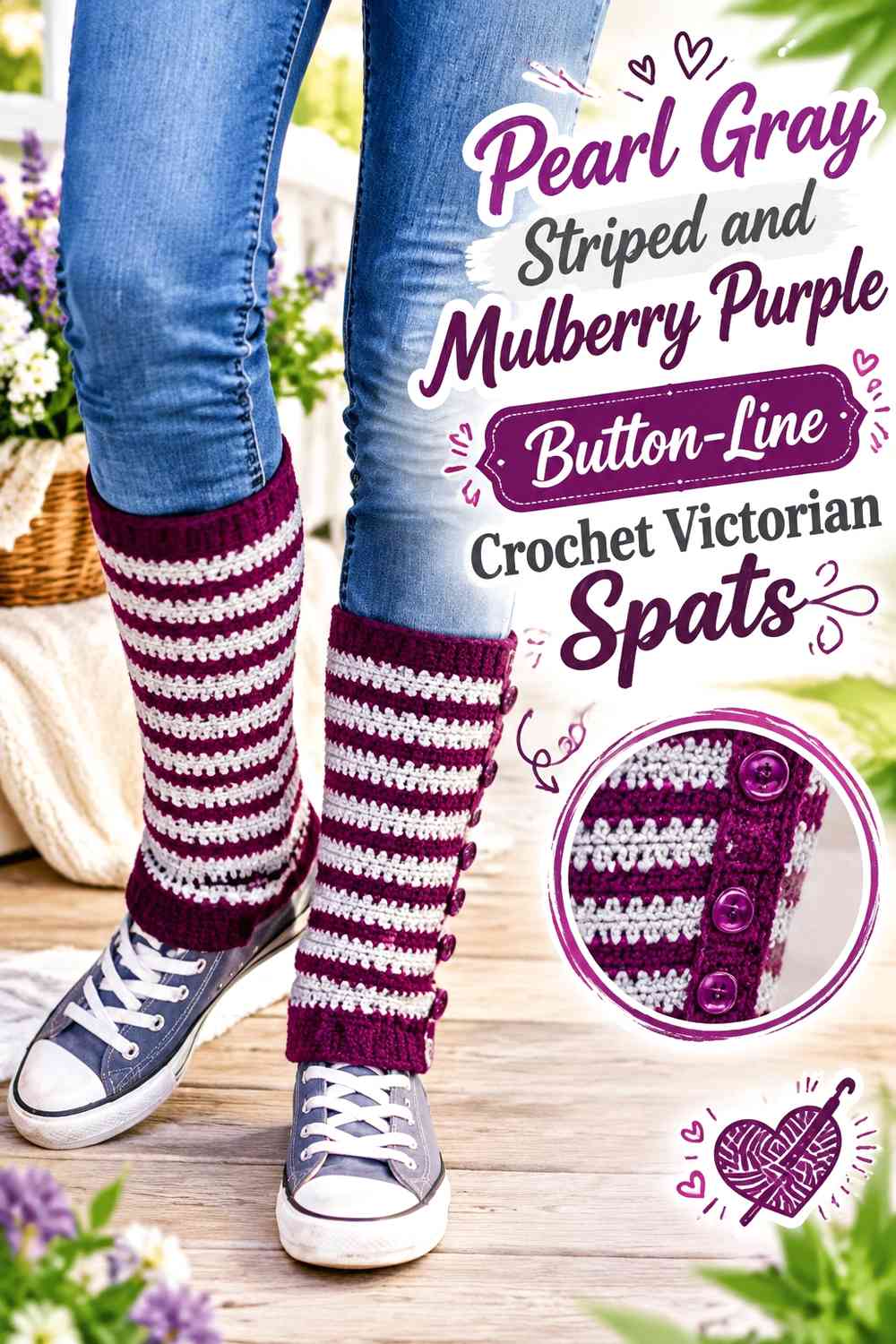 Pearl Gray Striped and Mulberry Purple Button-Line Crochet Victorian Spats