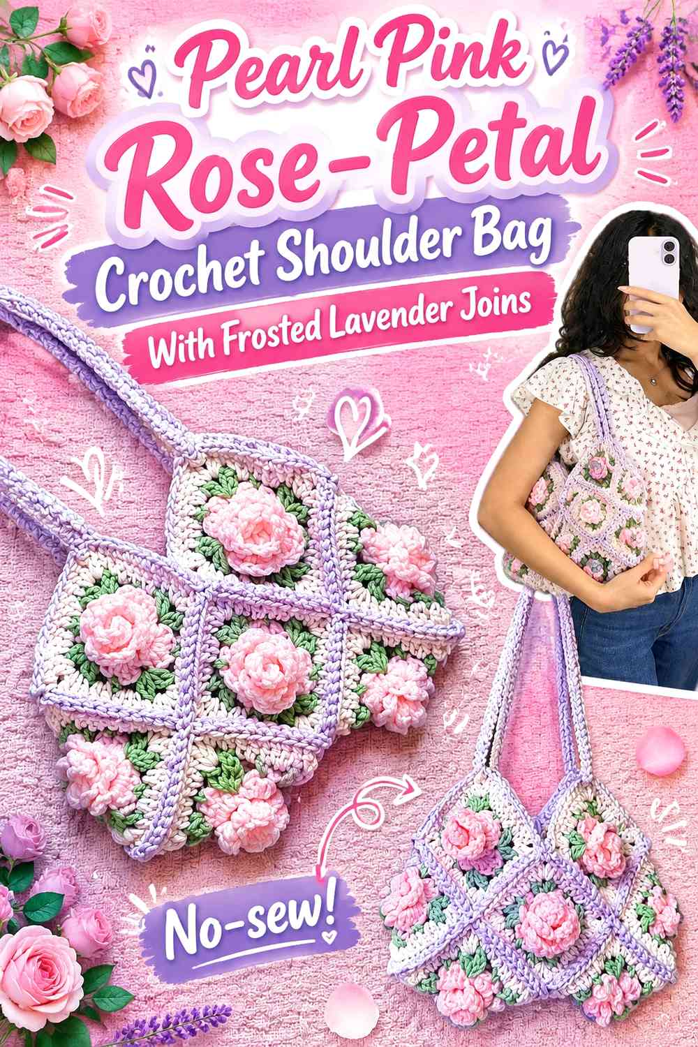 Pearl Pink Rose-Petal Crochet Shoulder Bag With Frosted Lavender Joins
