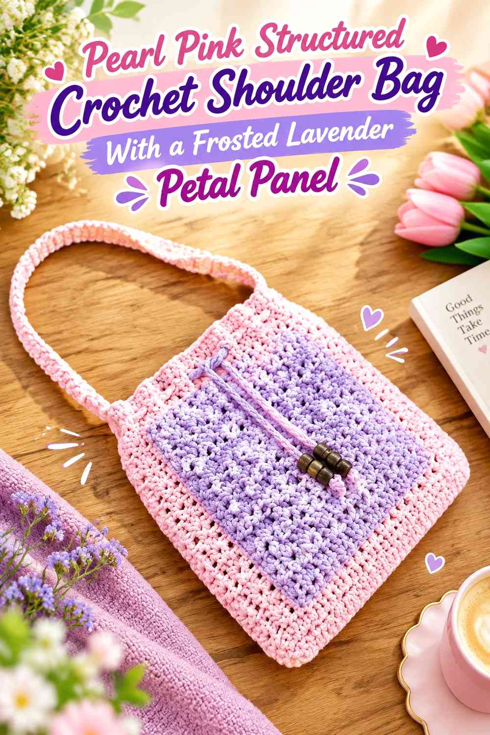 Pearl Pink Structured Crochet Shoulder Bag With a Frosted Lavender Petal Panel