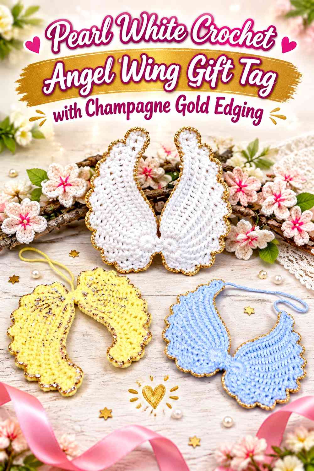 Pearl White Crochet Angel Wing Gift Tag with Champagne Gold Edging