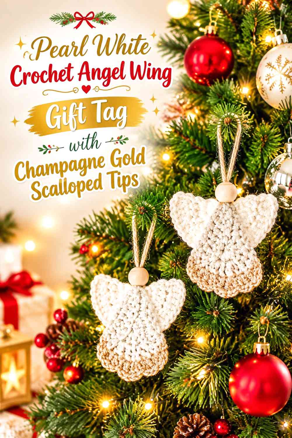 Pearl White Crochet Angel Wing Gift Tag with Champagne Gold Scalloped Tips