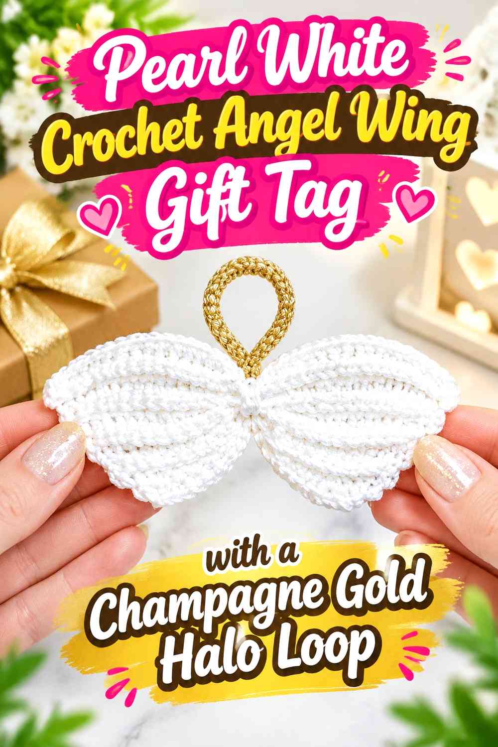 Pearl White Crochet Angel Wing Gift Tag with a Champagne Gold Halo Loop