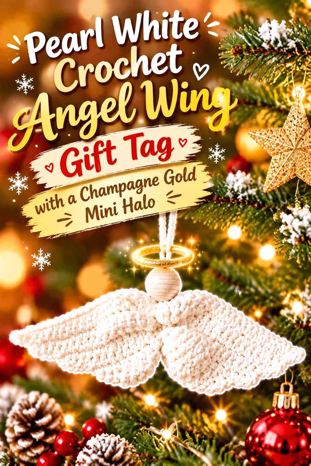 Pearl White Crochet Angel Wing Gift Tag with a Champagne Gold Mini Halo
