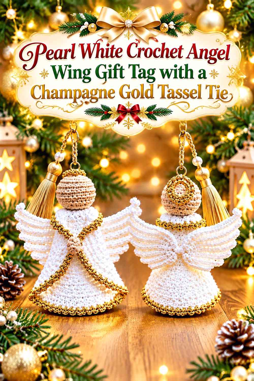 Pearl White Crochet Angel Wing Gift Tag with a Champagne Gold Tassel Tie