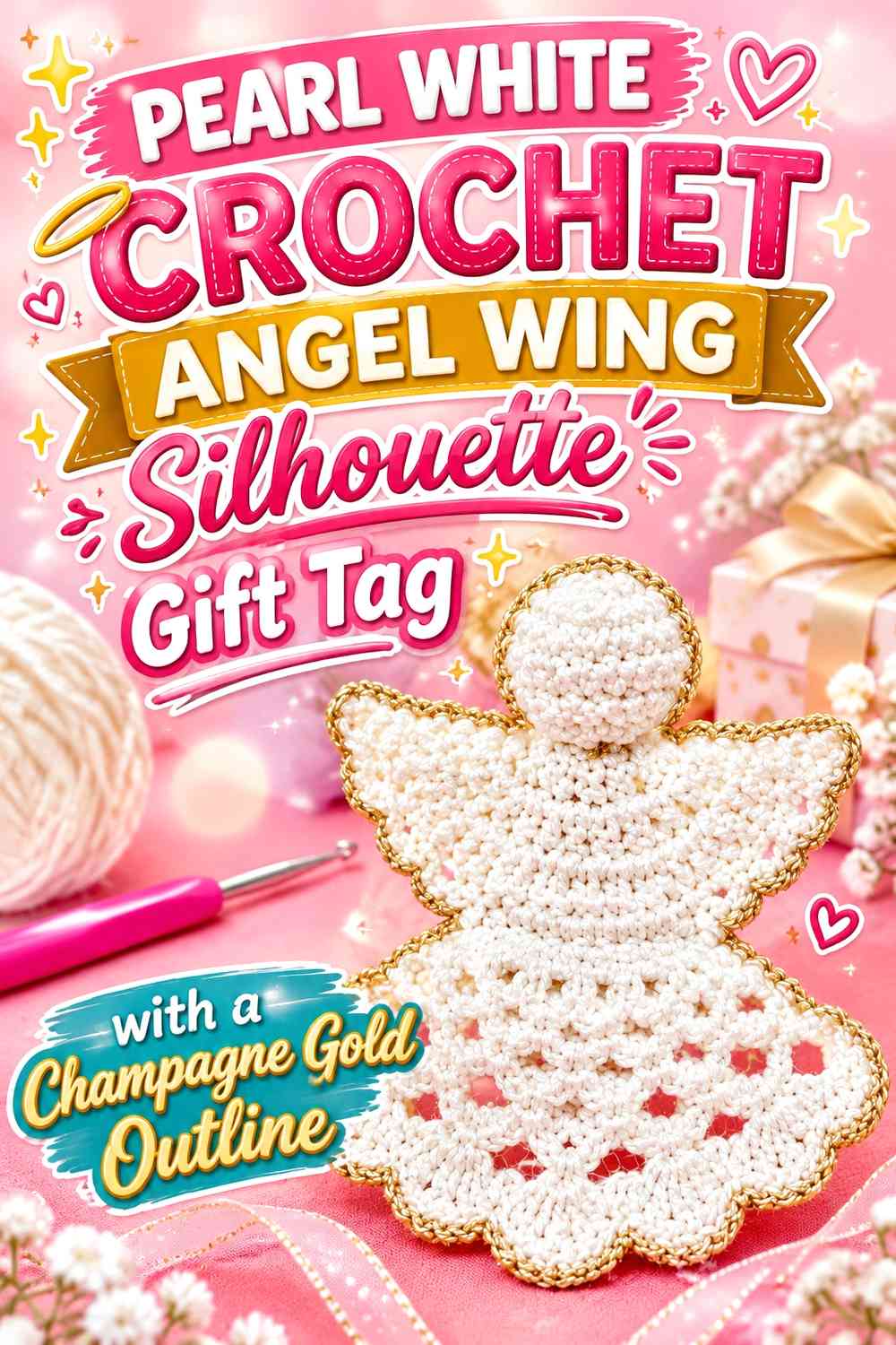 Pearl White Crochet Angel Wing Silhouette Gift Tag with a Champagne Gold Outline