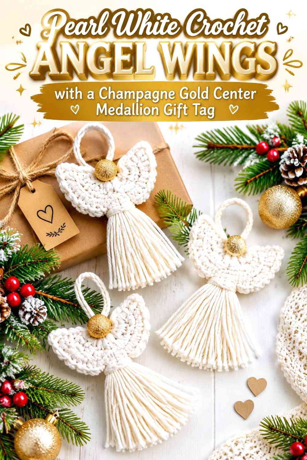 Pearl White Crochet Angel Wings with a Champagne Gold Center Medallion Gift Tag