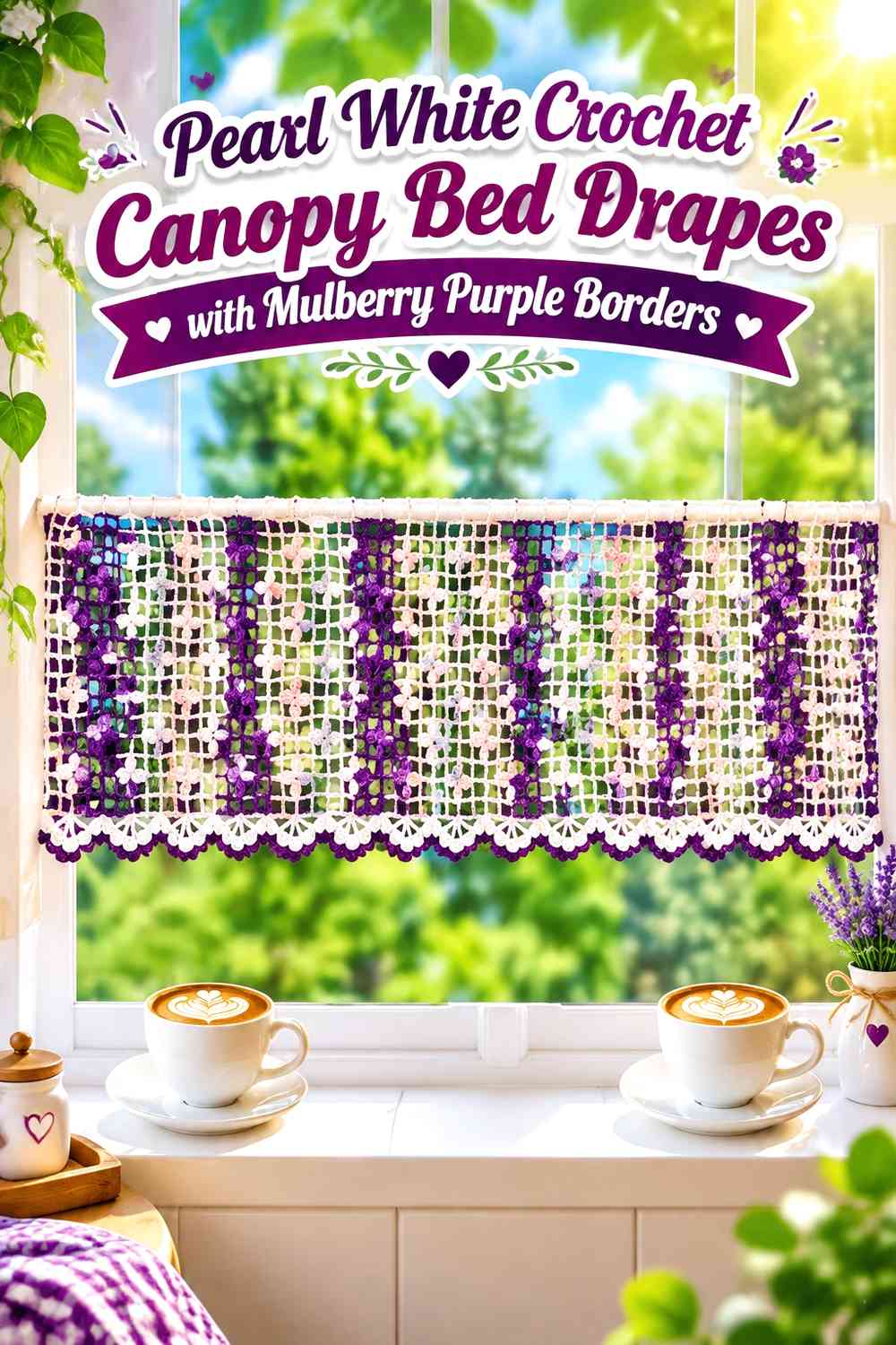 Pearl White Crochet Canopy Bed Drapes with Mulberry Purple Borders