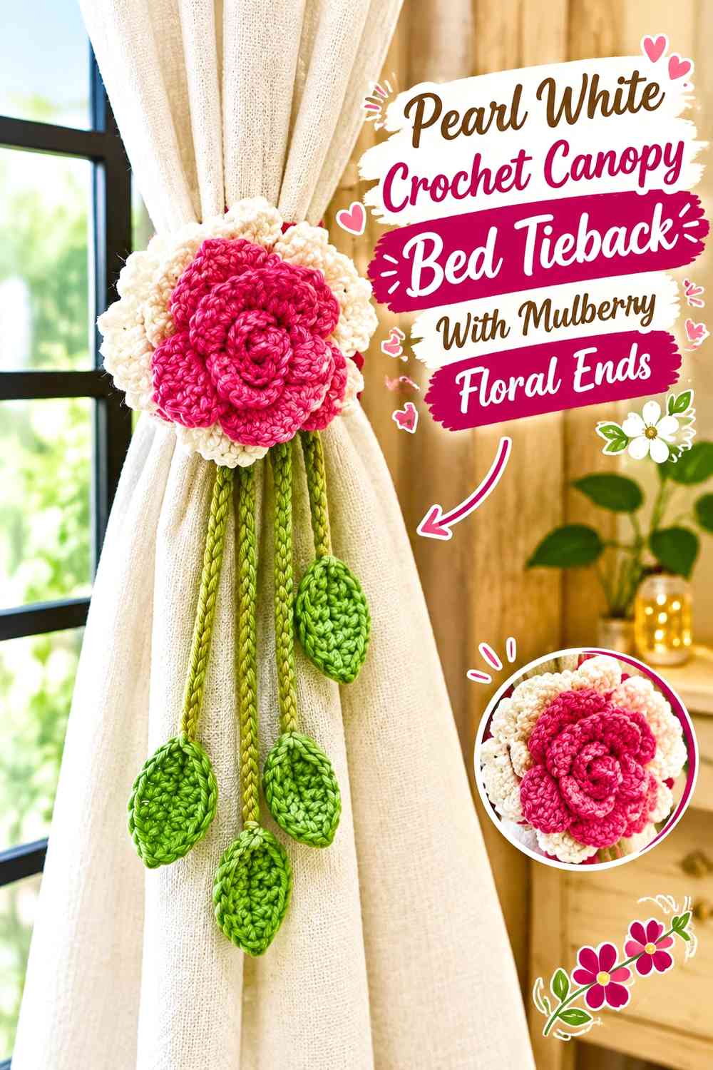Pearl White Crochet Canopy Bed Tieback With Mulberry Floral Ends