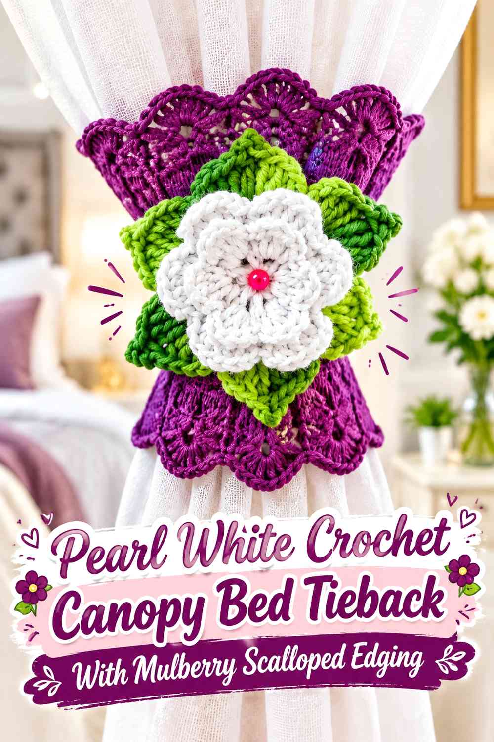 Pearl White Crochet Canopy Bed Tieback With Mulberry Scalloped Edging