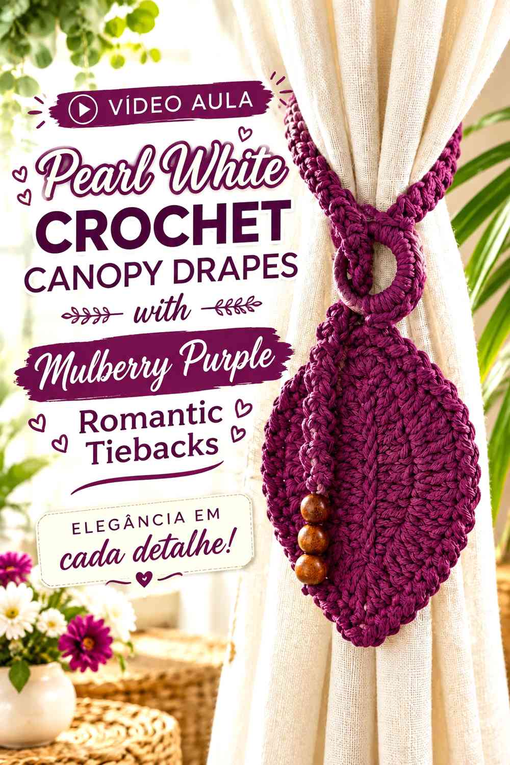Pearl White Crochet Canopy Drapes with Mulberry Purple Romantic Tiebacks