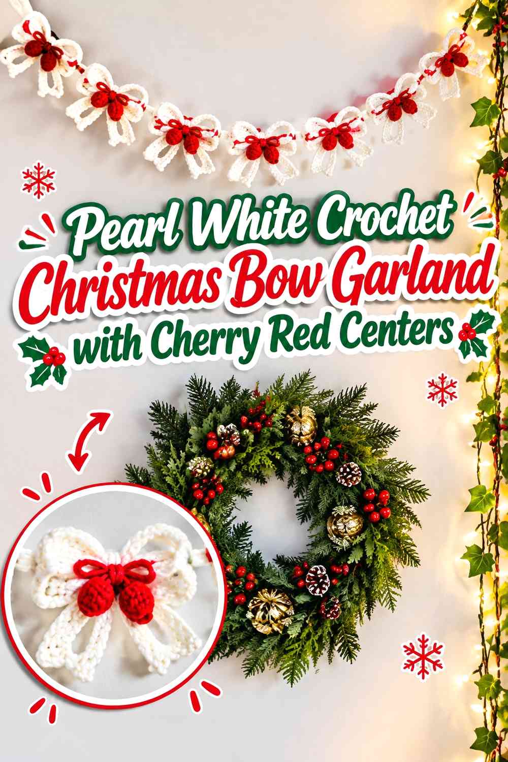 Pearl White Crochet Christmas Bow Garland with Cherry Red Centers