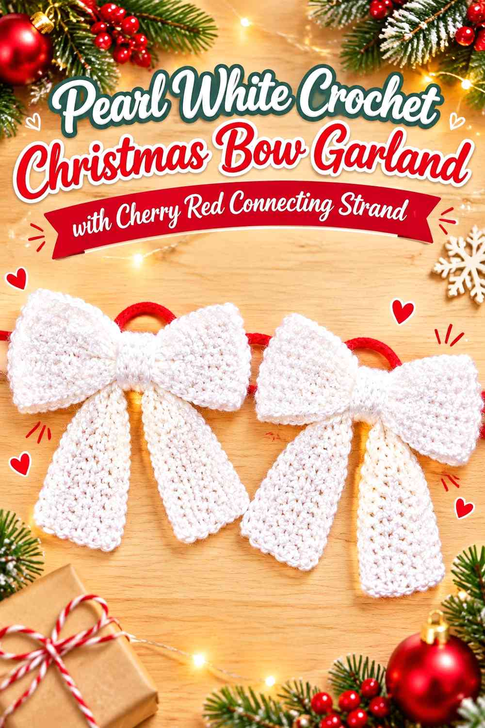 Pearl White Crochet Christmas Bow Garland with Cherry Red Connecting Strand