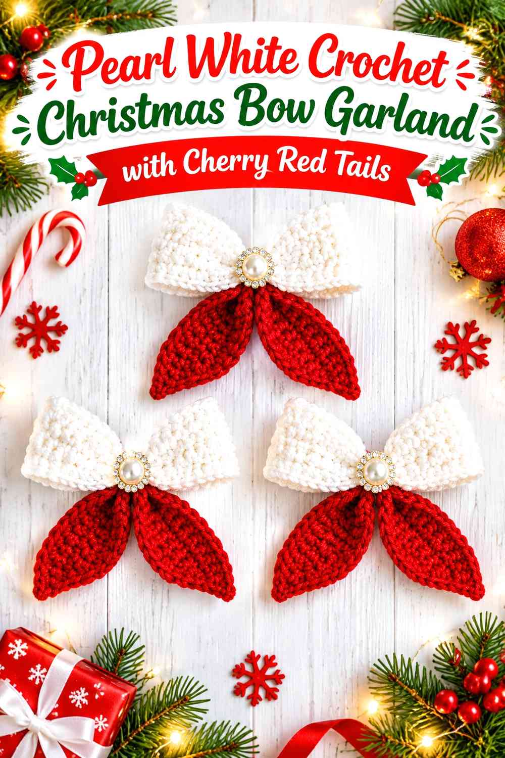 Pearl White Crochet Christmas Bow Garland with Cherry Red Tails
