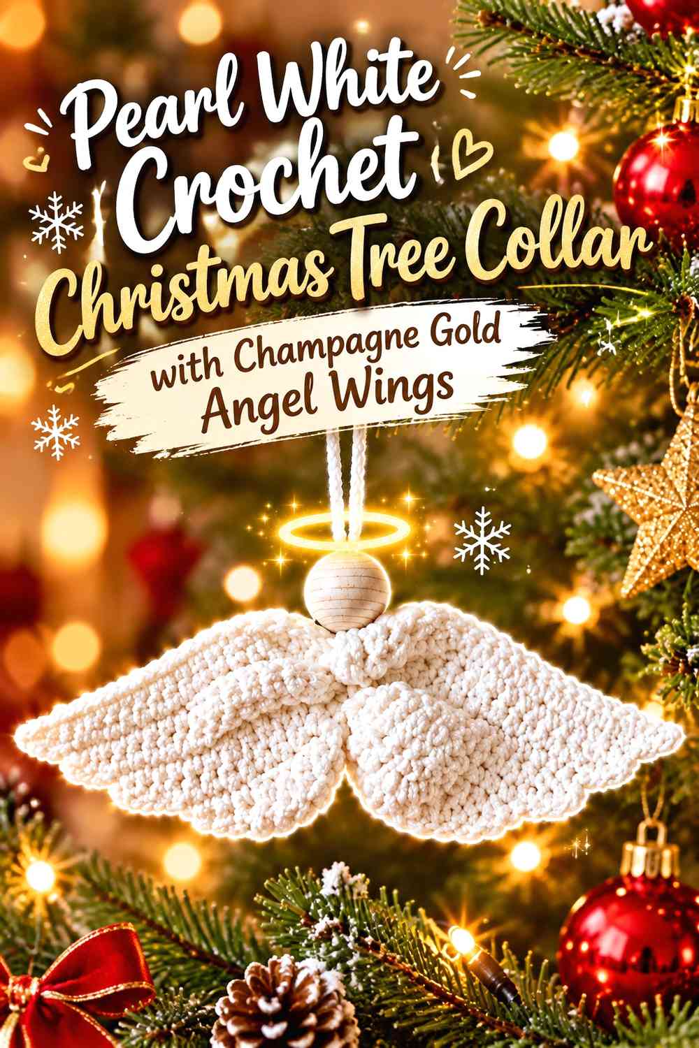 Pearl White Crochet Christmas Tree Collar with Champagne Gold Angel Wings