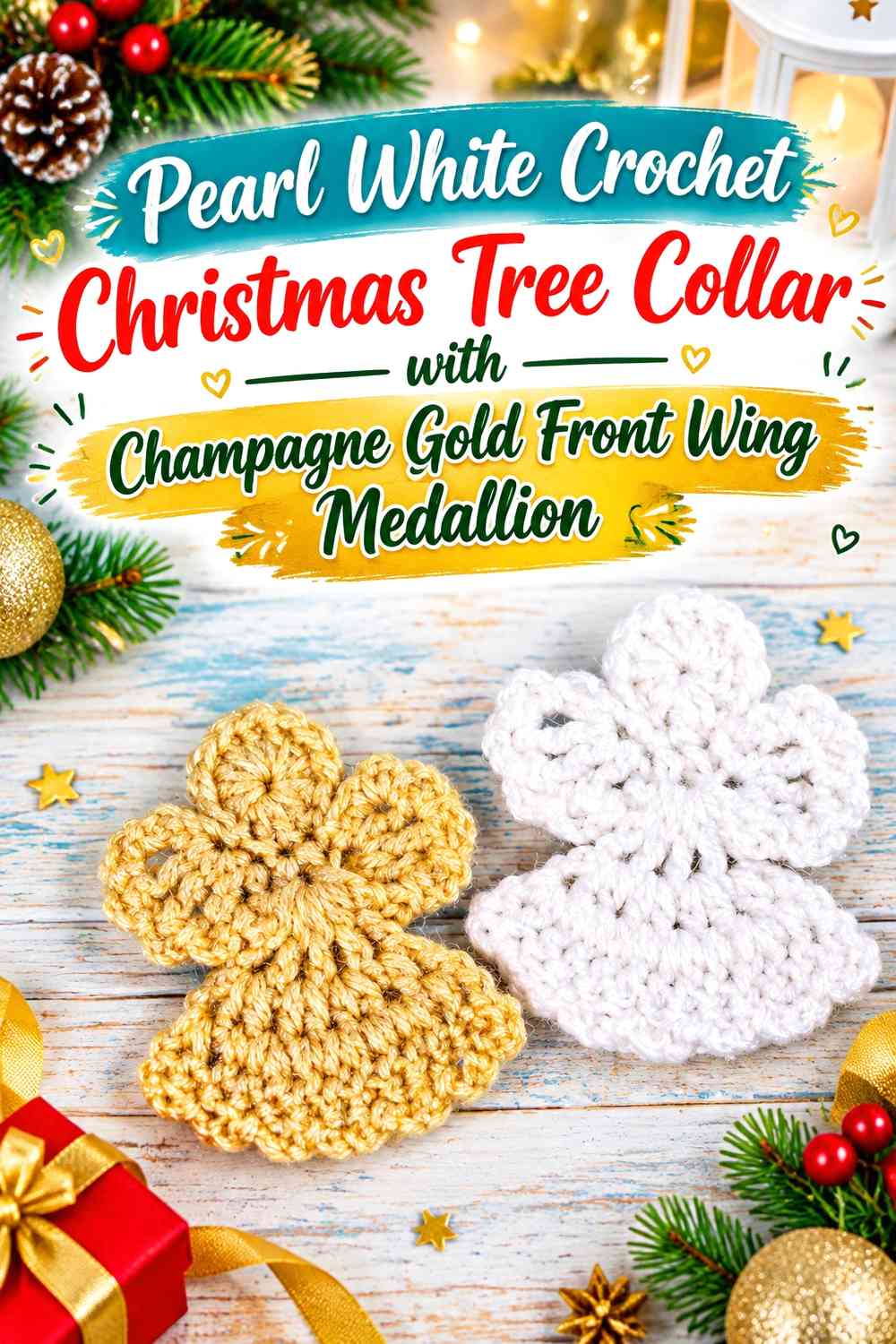 Pearl White Crochet Christmas Tree Collar with Champagne Gold Front Wing Medallion