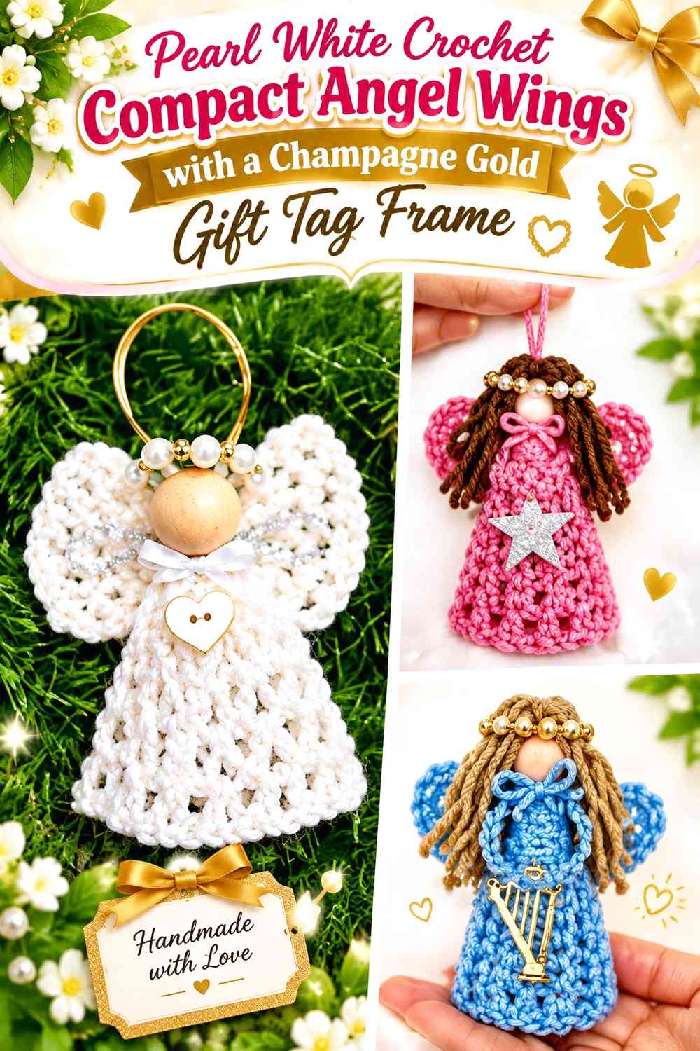 Pearl White Crochet Compact Angel Wings with a Champagne Gold Gift Tag Frame
