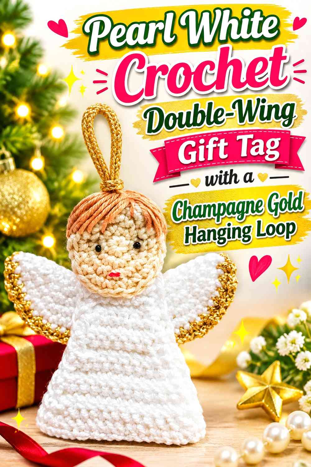 Pearl White Crochet Double-Wing Gift Tag with a Champagne Gold Hanging Loop