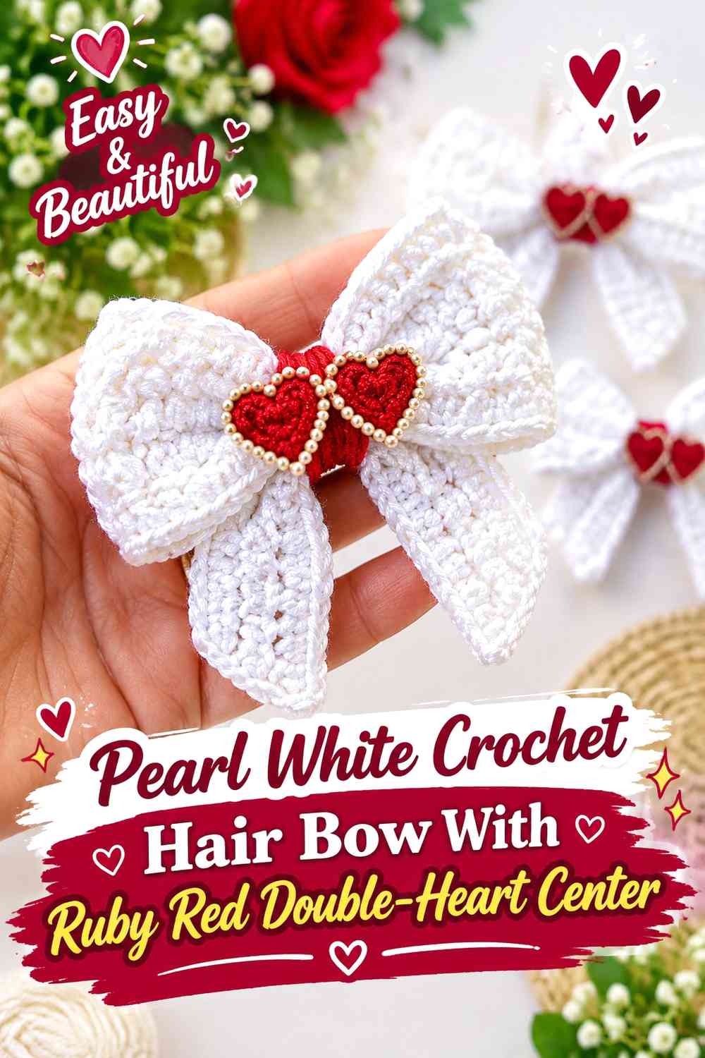 Pearl White Crochet Hair Bow With Ruby Red Double-Heart Center