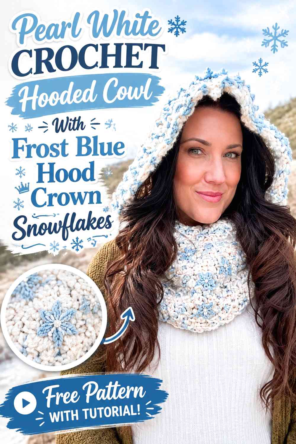 Pearl White Crochet Hooded Cowl With Frost Blue Hood Crown Snowflakes