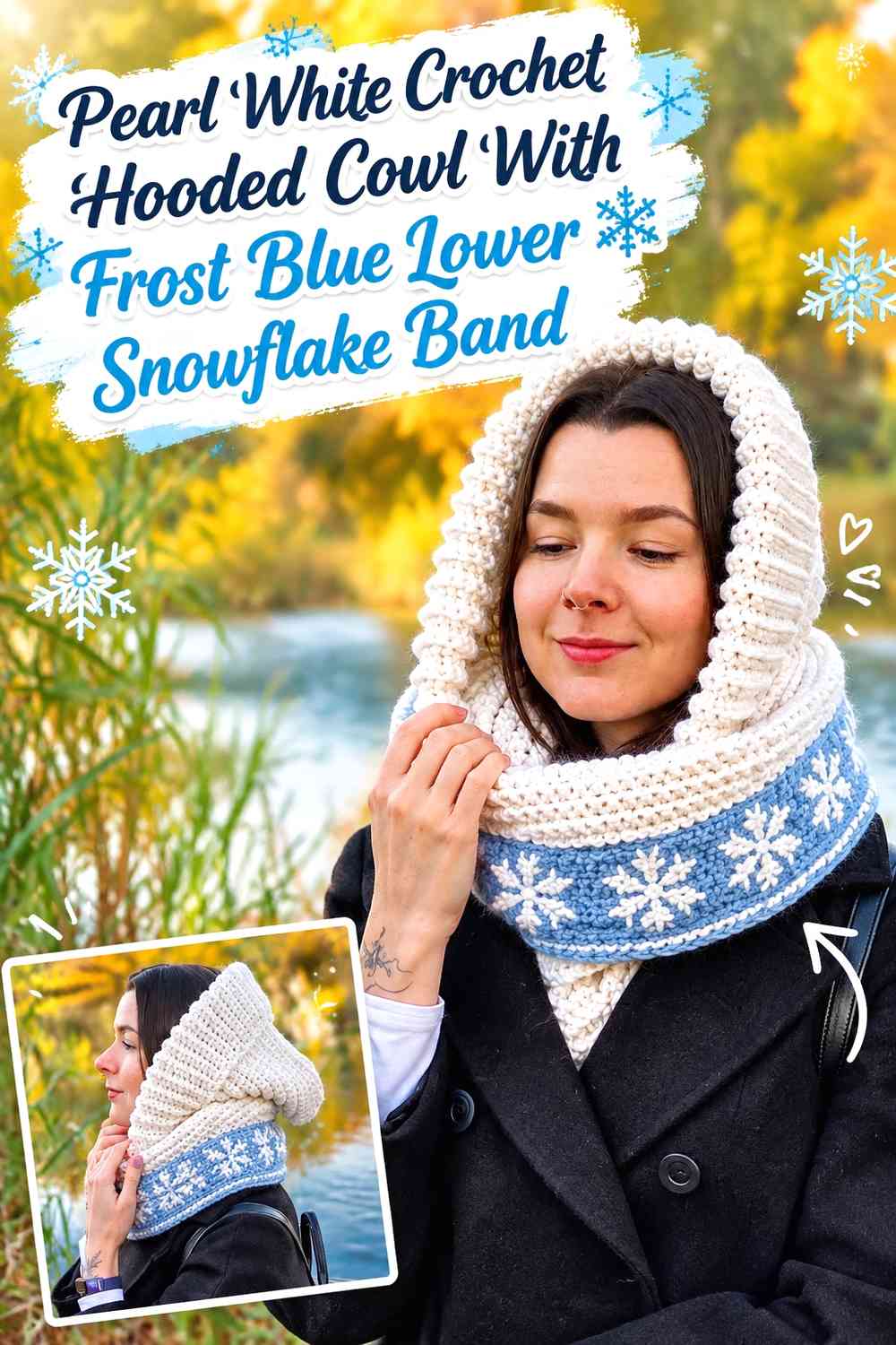 Pearl White Crochet Hooded Cowl With Frost Blue Lower Snowflake Band