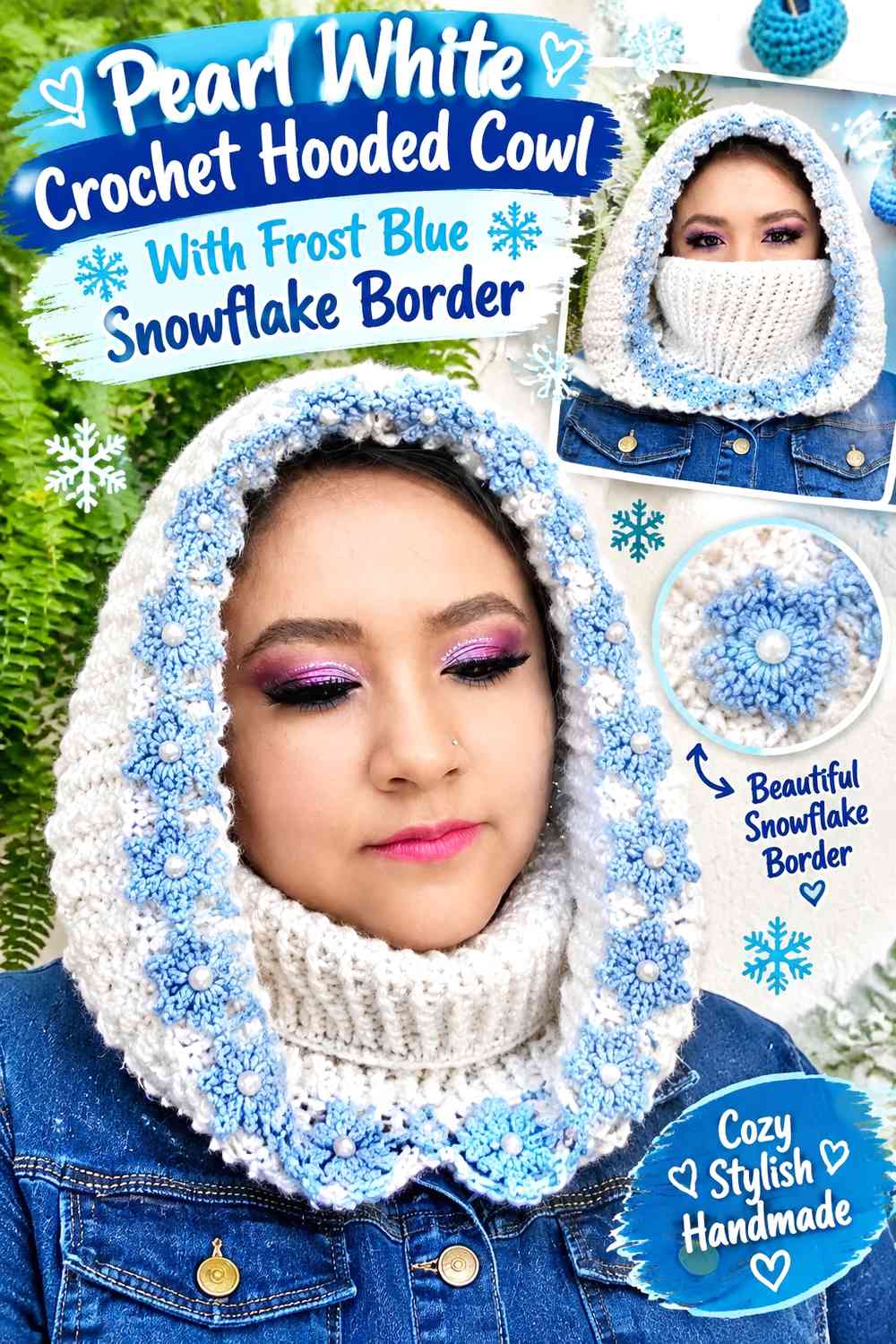 Pearl White Crochet Hooded Cowl With Frost Blue Snowflake Border