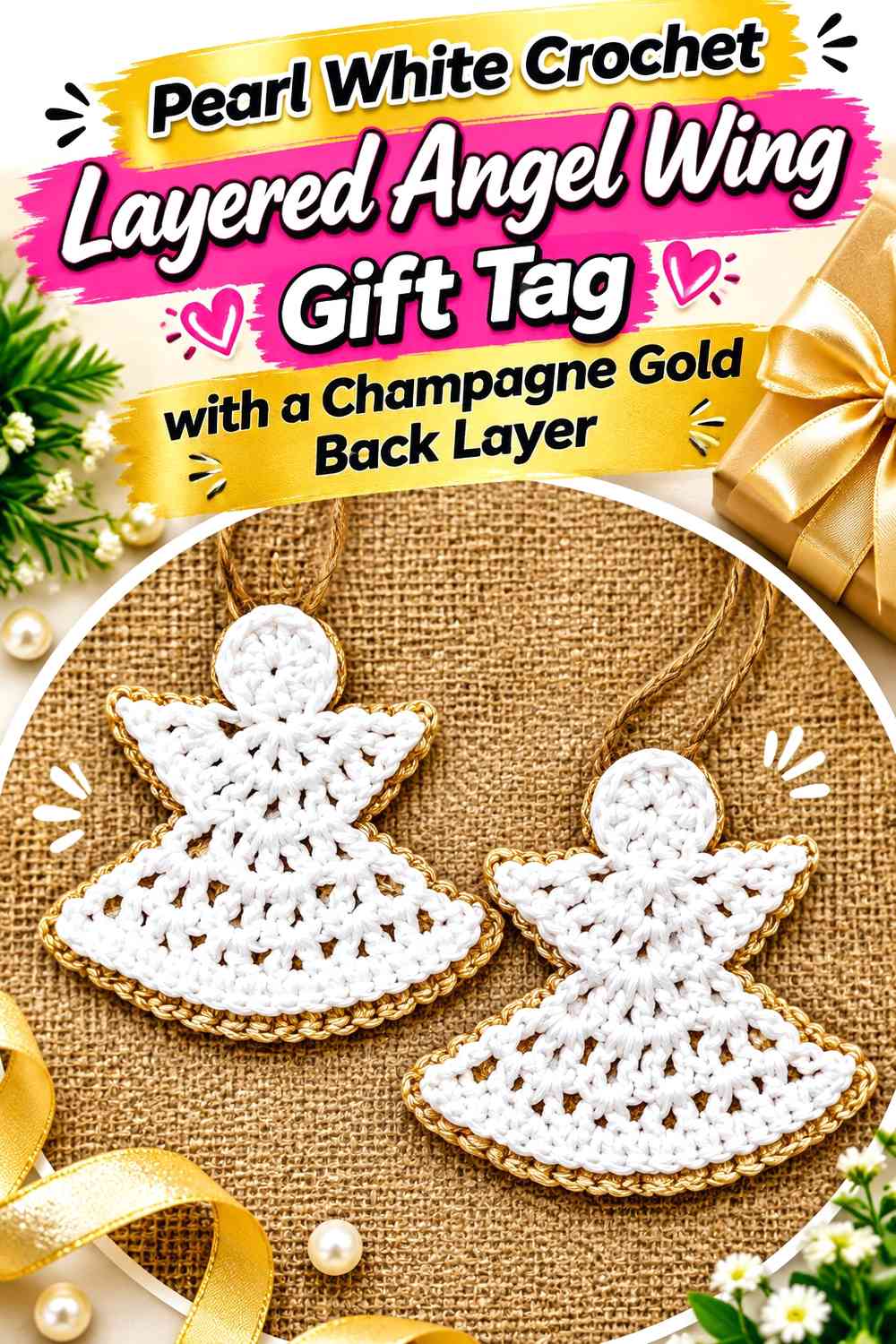 Pearl White Crochet Layered Angel Wing Gift Tag with a Champagne Gold Back Layer