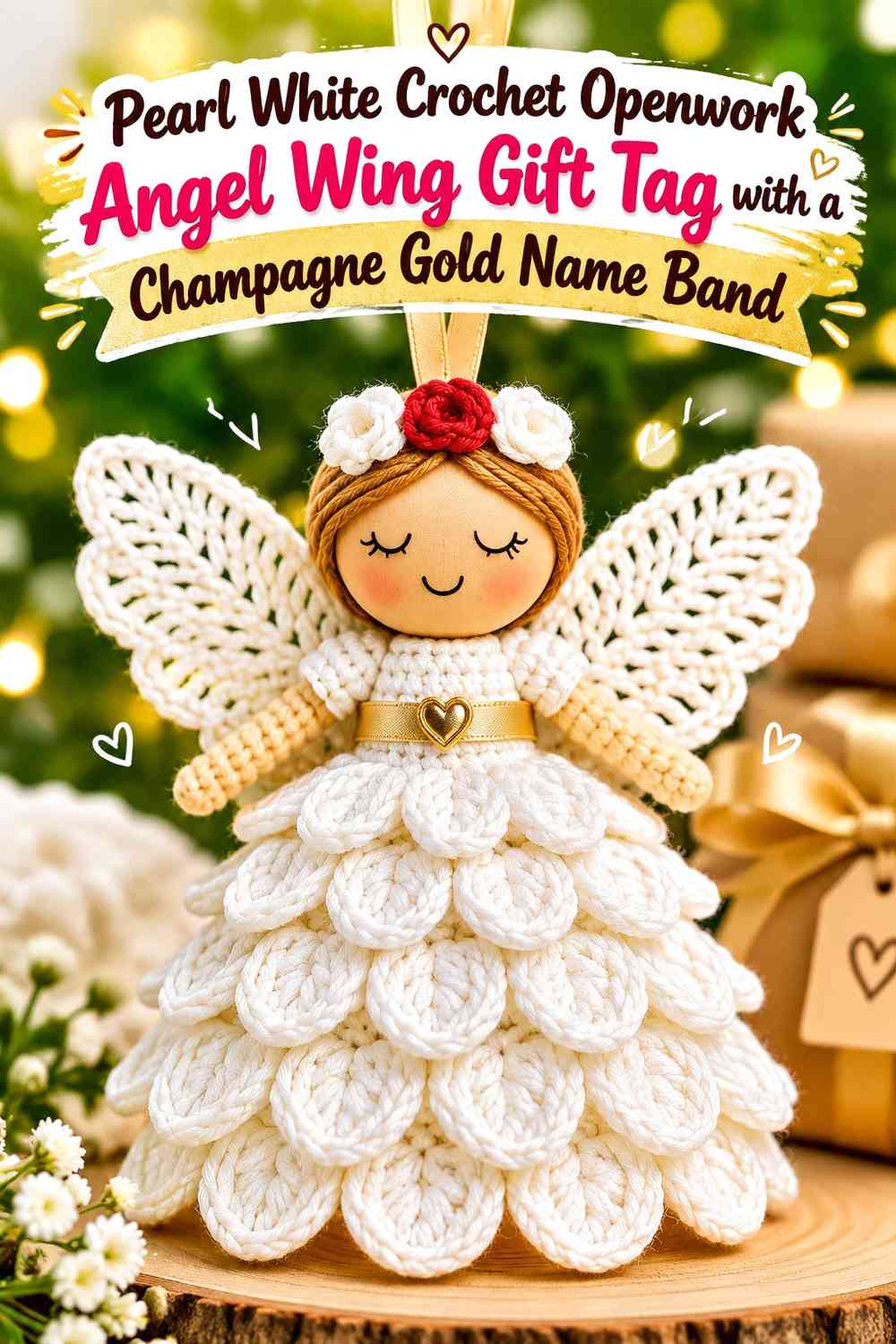 Pearl White Crochet Openwork Angel Wing Gift Tag with a Champagne Gold Name Band