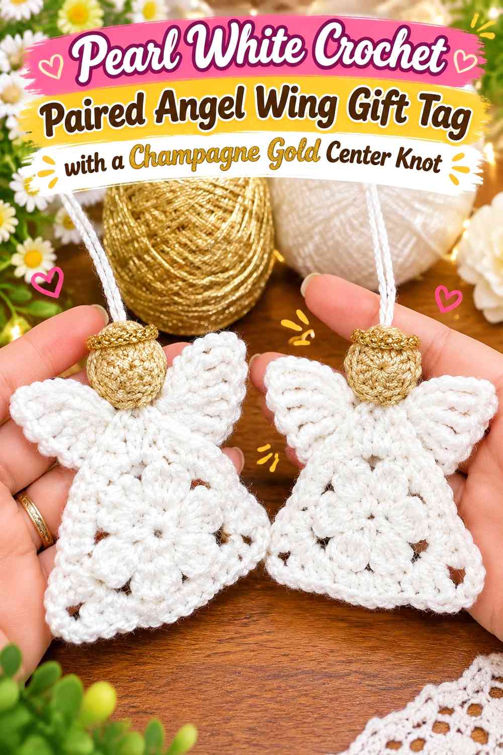 Pearl White Crochet Paired Angel Wing Gift Tag with a Champagne Gold Center Knot