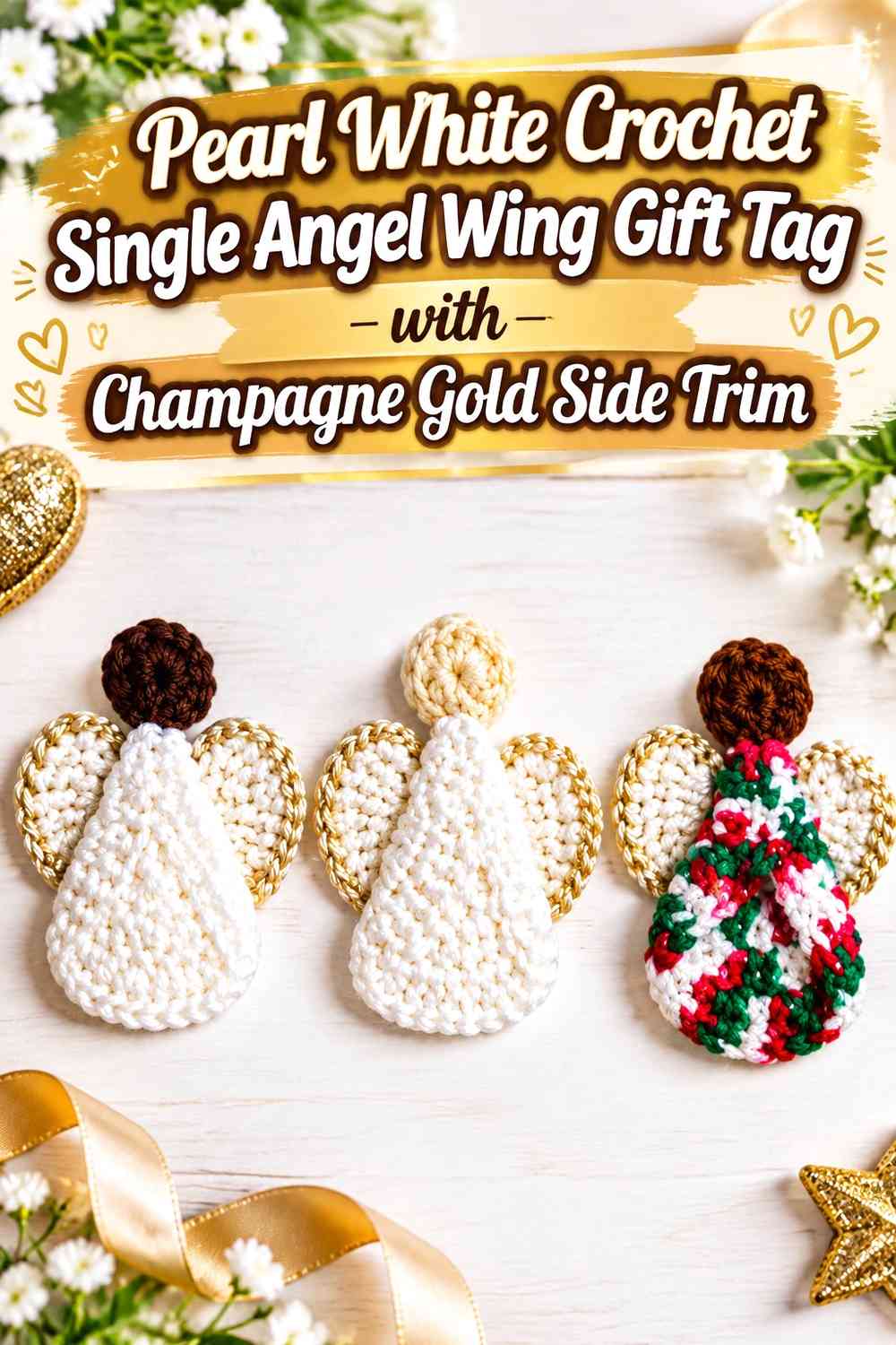 Pearl White Crochet Single Angel Wing Gift Tag with Champagne Gold Side Trim