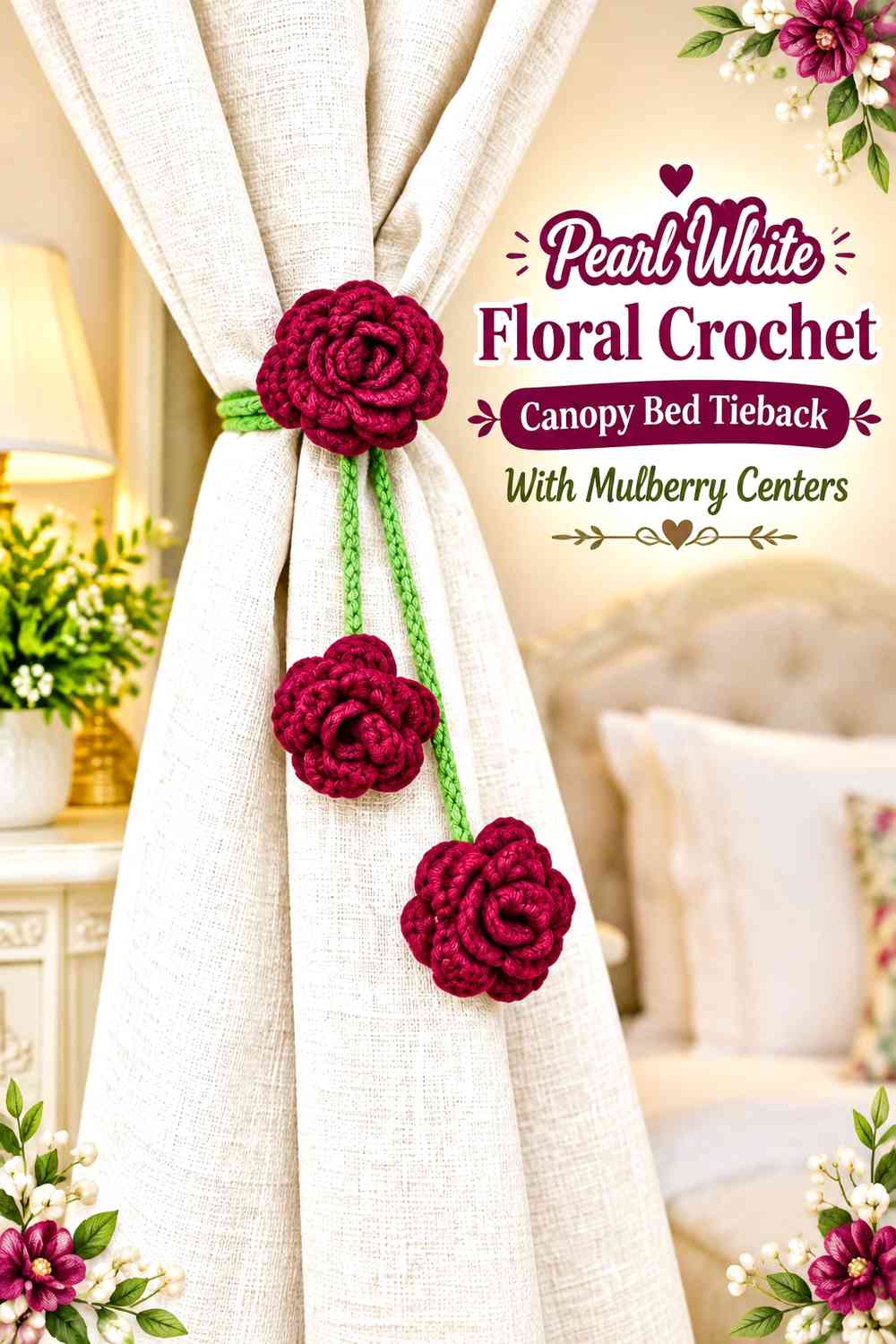 Pearl White Floral Crochet Canopy Bed Tieback With Mulberry Centers