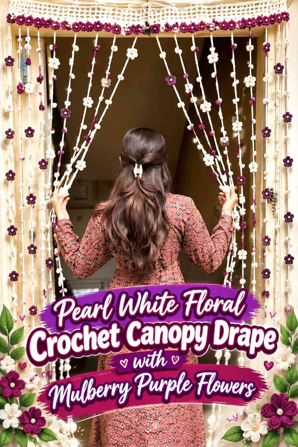 Pearl White Floral Crochet Canopy Drape with Mulberry Purple Flowers