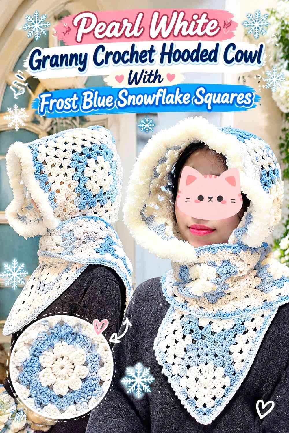 Pearl White Granny Crochet Hooded Cowl With Frost Blue Snowflake Squares