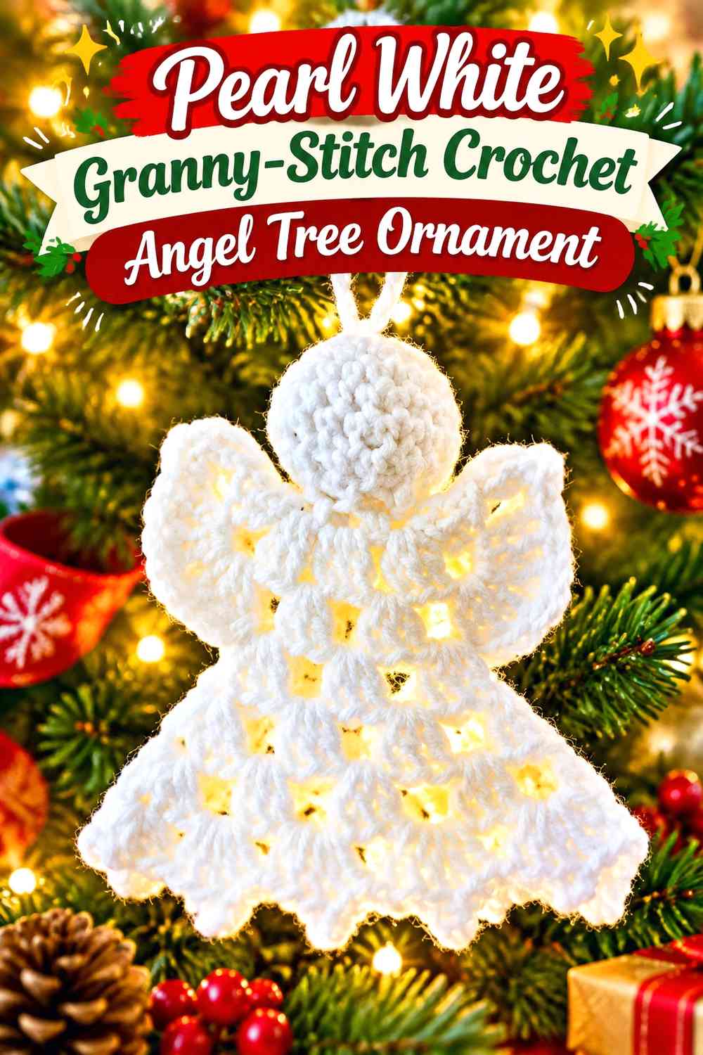 Pearl White Granny-Stitch Crochet Angel Tree Ornament