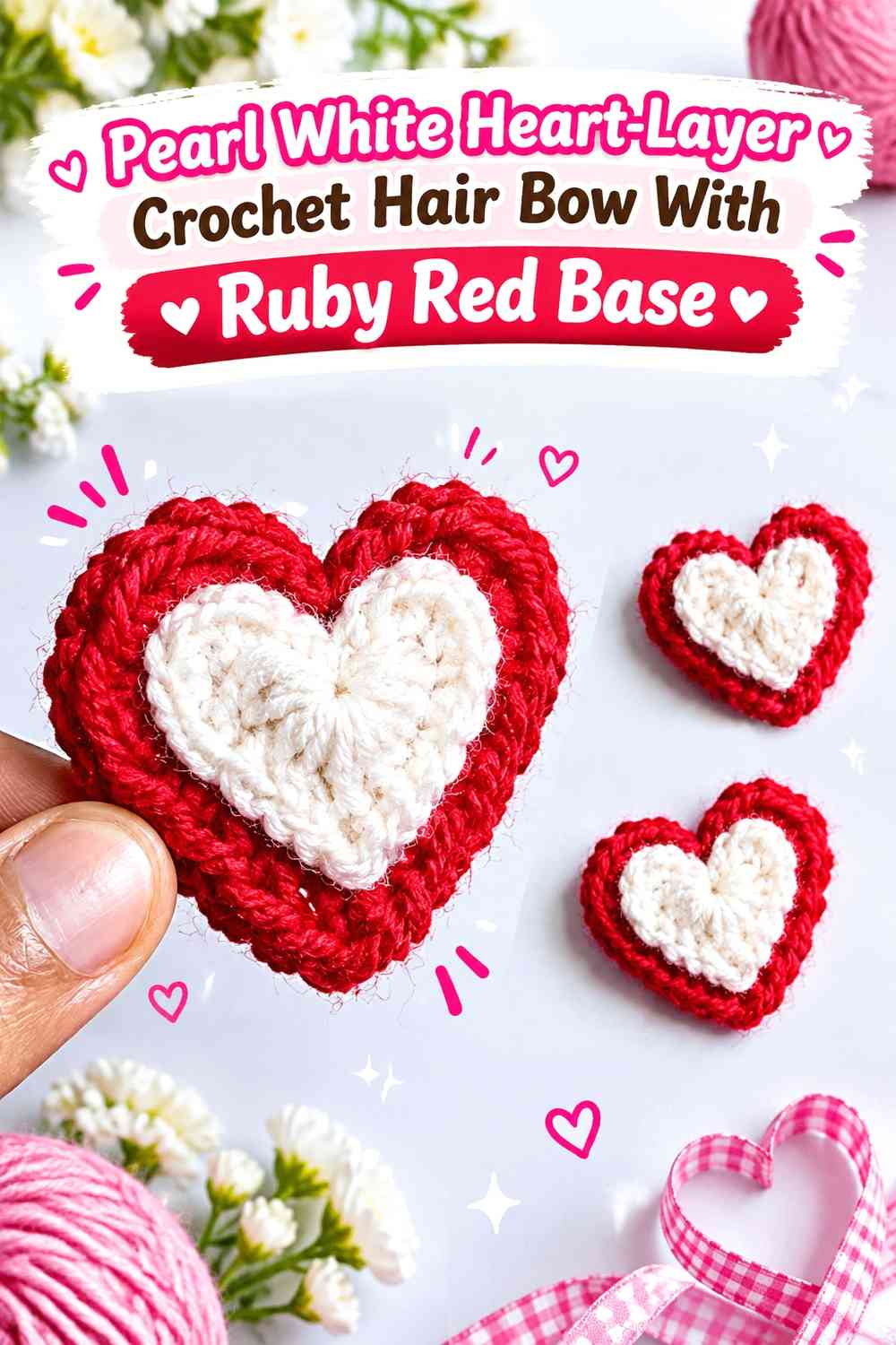 Pearl White Heart-Layer Crochet Hair Bow With Ruby Red Base