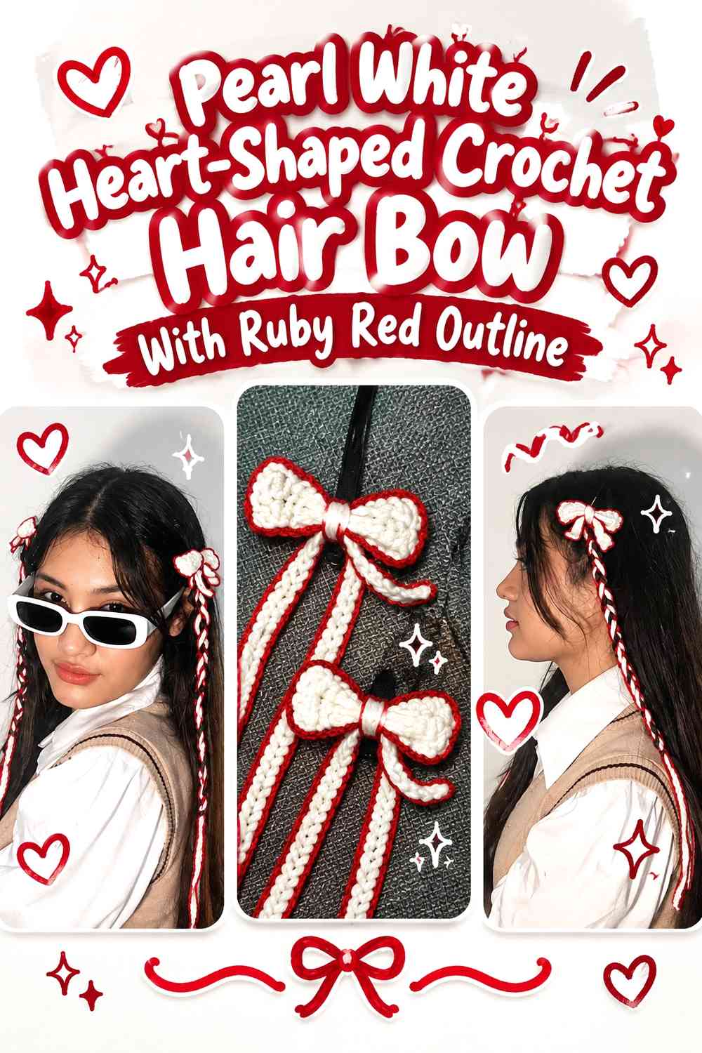 Pearl White Heart-Shaped Crochet Hair Bow With Ruby Red Outline